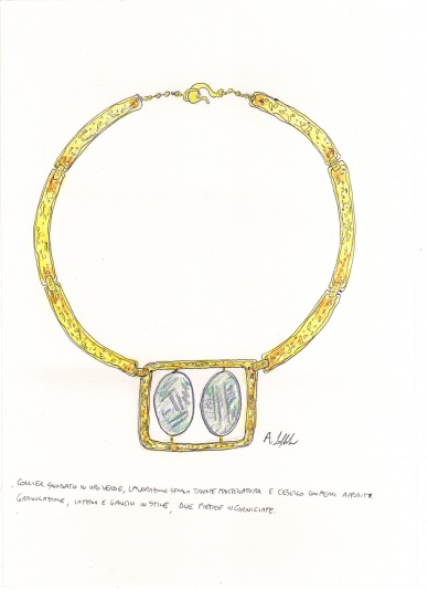 Bozzetto per collier oro verde 'Sforza' e agate naturali